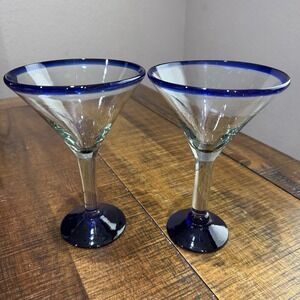 2 Margarita Martini Glass Hand Blown Mexico Cobalt Blue Clear Fiesta Cocktails